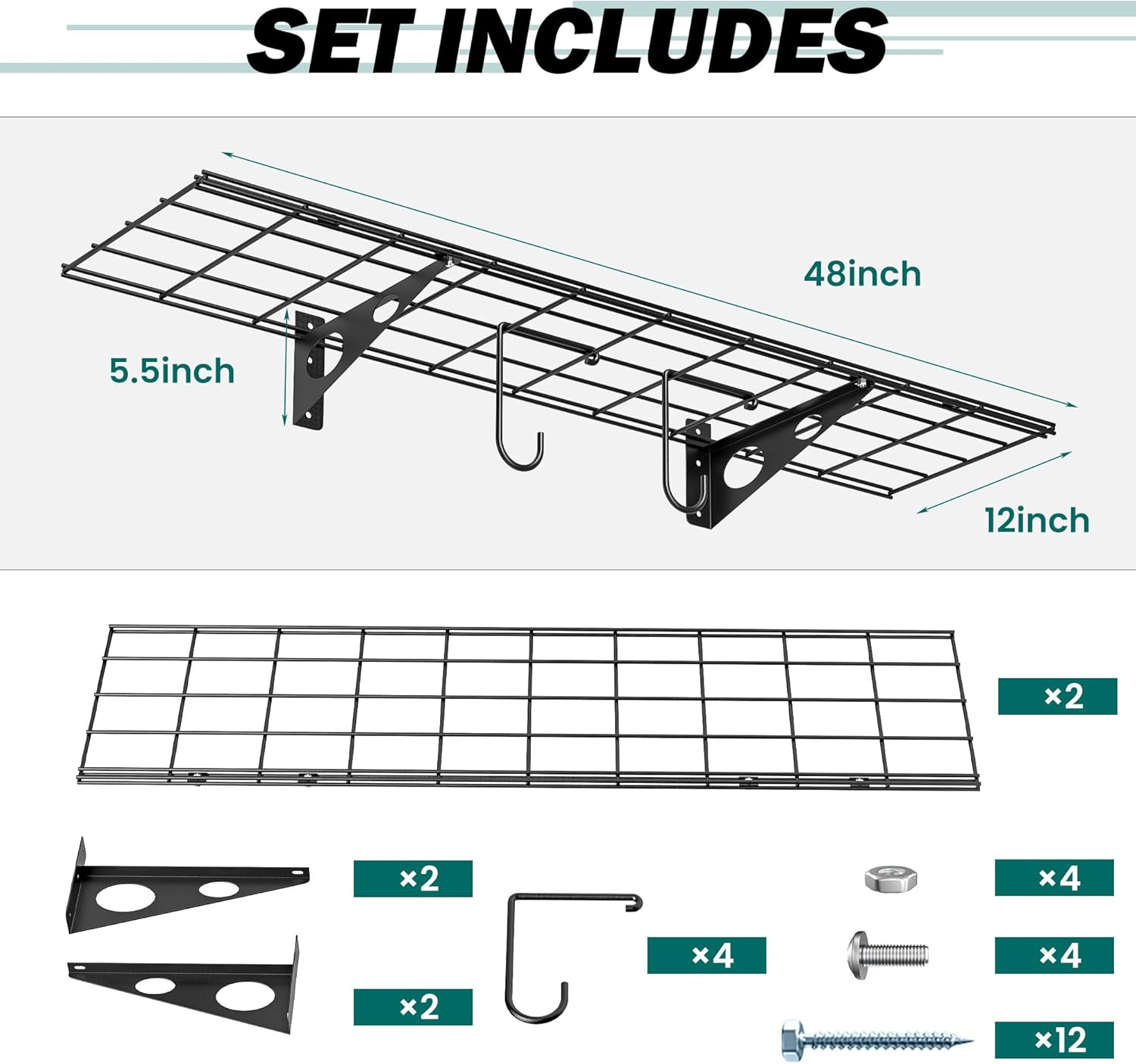 EVERHANGER Garage Wall Shelves, 12 X 48 Inch Wall Mounted Storage Shelves, Heavy Duty Metal