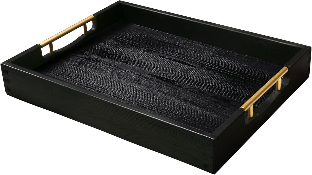 LotFancy Wood Serving Tray, 17x13”, Large Ottoman Tray with Metal Handles, Decorative Wooden Tray