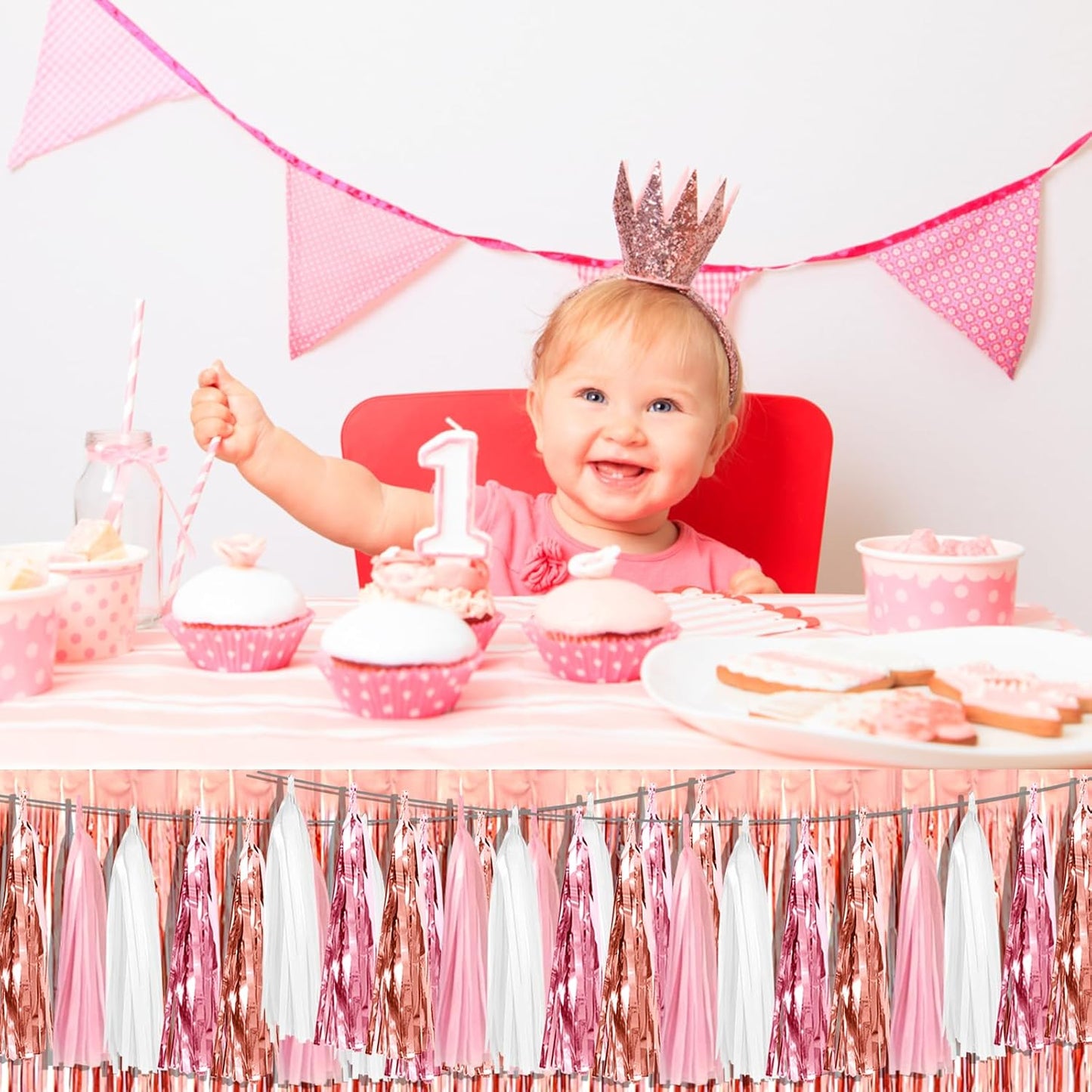 3P Pink White Peach Rose Gold Tassels Foil Fringe Metallic Garland Banner, Tassels Banner Streamers