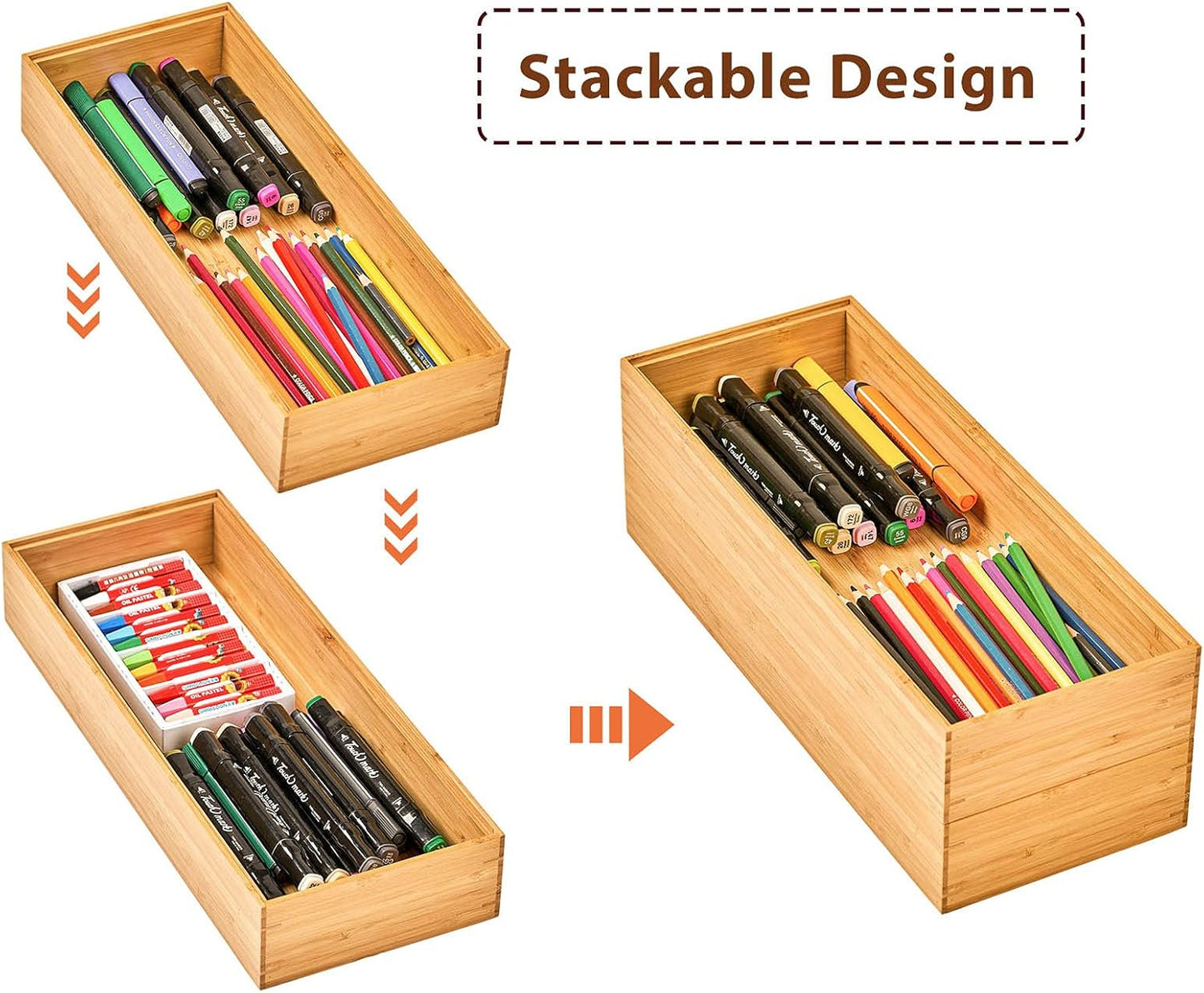 Umilife Bamboo Kitchen Drawer Organizer Boxes with Anti-Skid Silicone Feet, 2pcs Stackable Storage