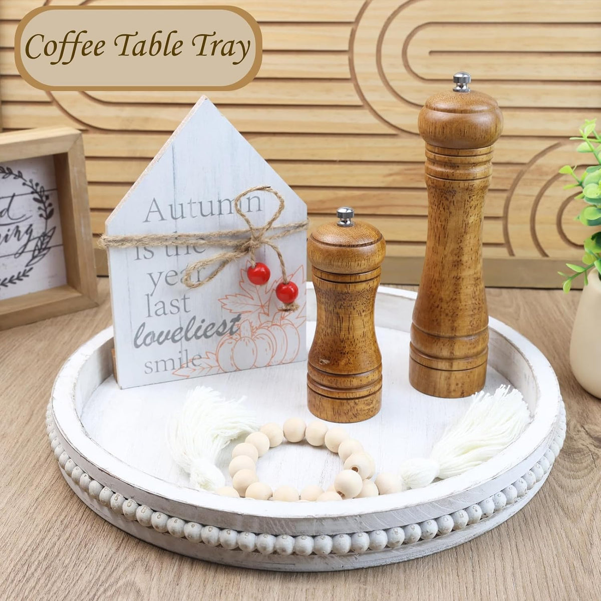 Round Wood Serving Tray with Beads, White Washed Wooden Decorative Tray for Entertaining