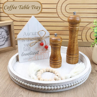 Round Wood Serving Tray with Beads, White Washed Wooden Decorative Tray for Entertaining