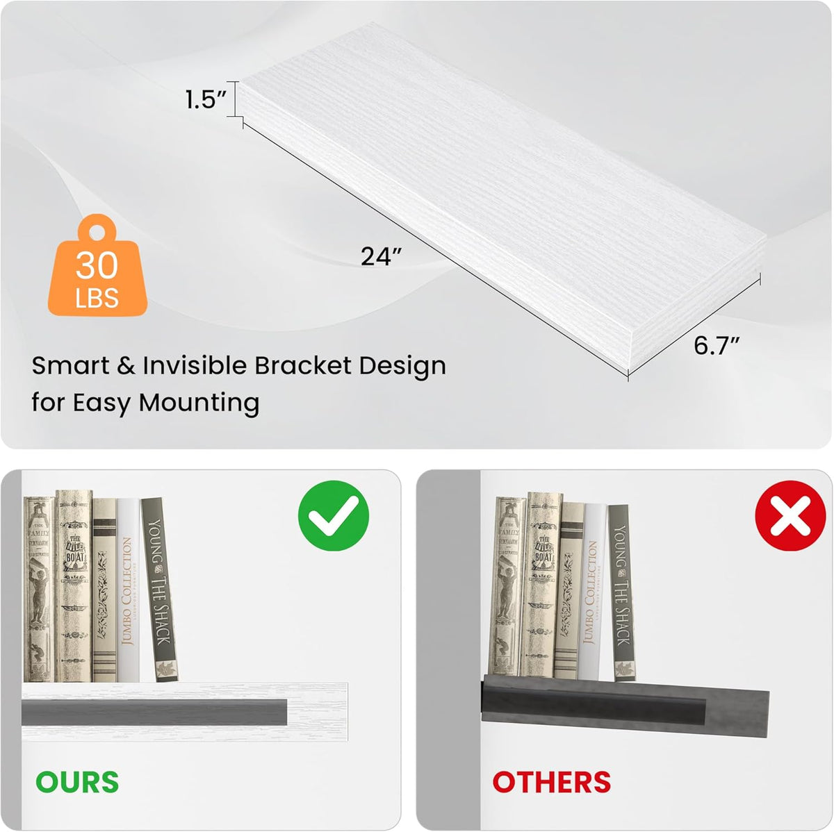 Floating Shelves for Wall, 24" W x 6.7" D x 1.5" H, Wooden Wall Mounted Display Shelves with
