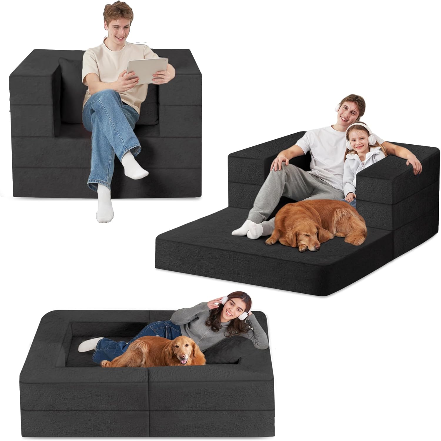 Folding Bean Bag Chair for Adults,3-in-1 Bean Bag Couch Faux Fur Floor Sofa Large Beanbag