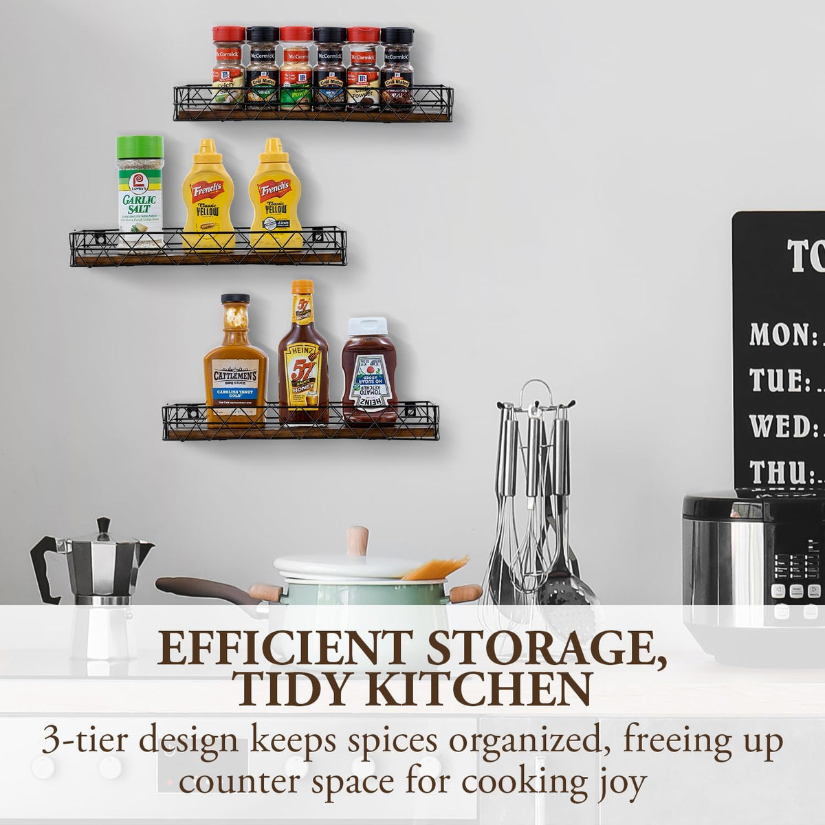MyGift 14 Inch Wall Mounted Kitchen Spice Racks, Rustic Burnt Solid Wood and Black Metal Wire