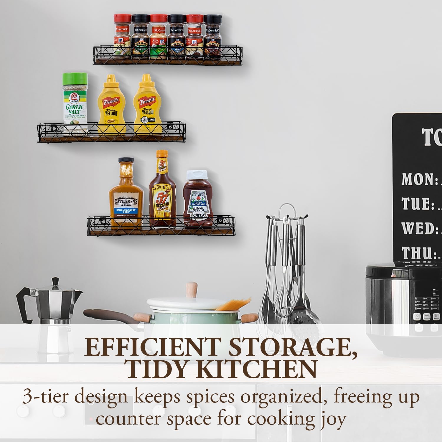 MyGift 14 Inch Wall Mounted Kitchen Spice Racks, Rustic Burnt Solid Wood and Black Metal Wire