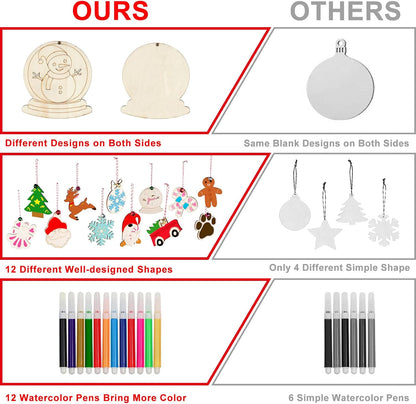 GUDELAK 60PCS DIY Wooden Christmas Ornaments, 12 Styles Christmas Crafts for Kids Adults with