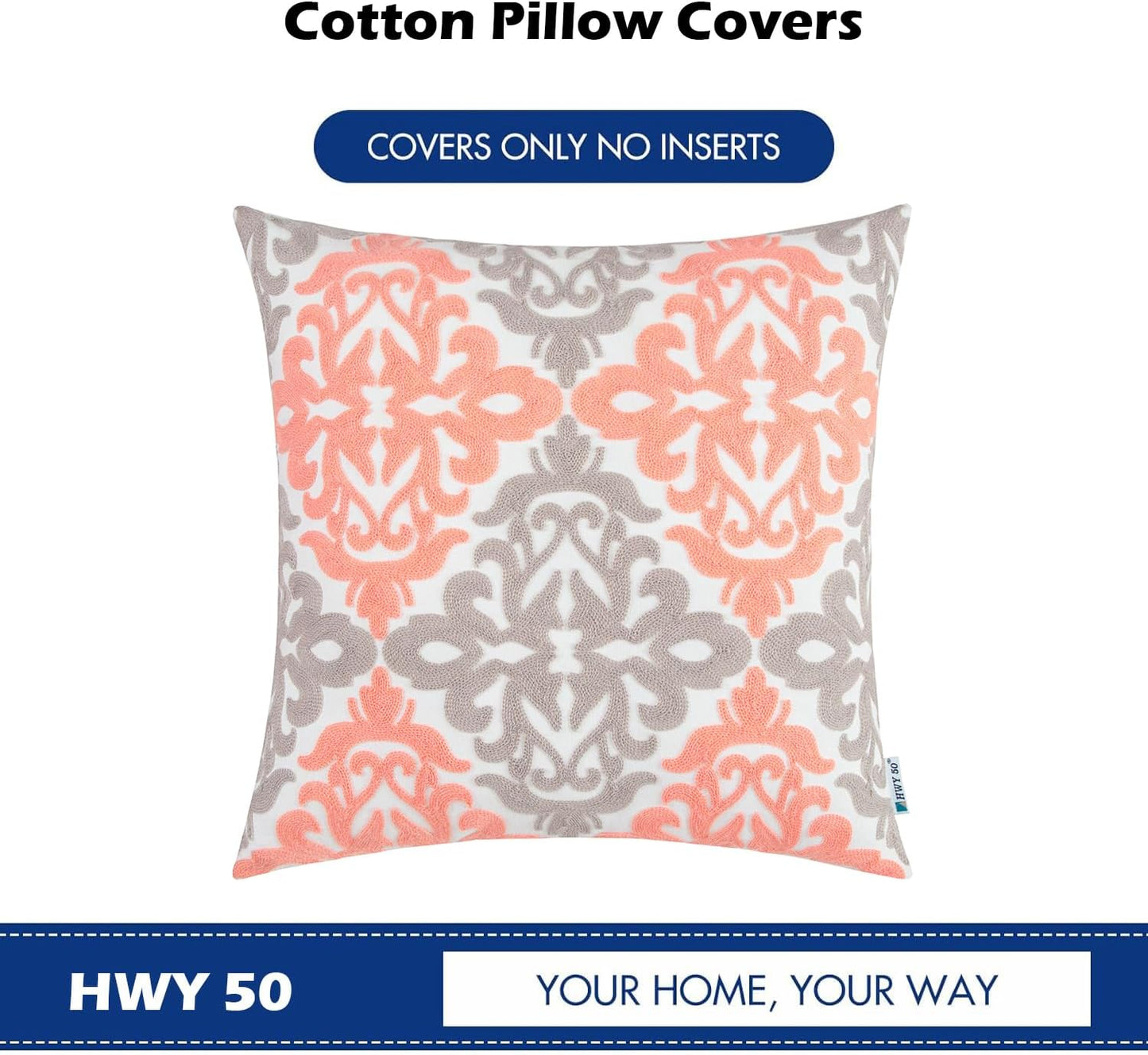 HWY 50 Coral Pink Decorative Throw Pillow Covers 18x18 Inch (1 Piece), Embroidered Cotton Farmhouse