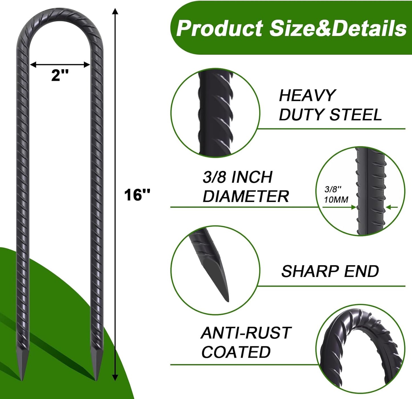 AAGUT 16 Inch 8 Pcs Rebar Trampoline Stakes 3/8" Extra Heavy Duty Metal Steel High Wind Ground
