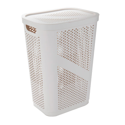 Mind Reader Slim Laundry Hamper with Lid, 60L Clothes Basket, Ventilated Plastic, Ivory
