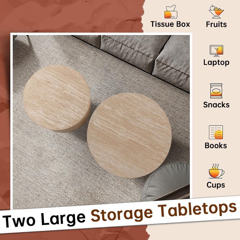 Round Nesting Coffee Table Set of 2 Modern Small Round Coffee Table Travertine Side Table Small End