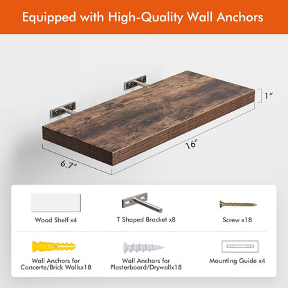 16’’Rustic Brown Floating Shelves for Wall Set of 4,Rustic Wood Shelf for Room