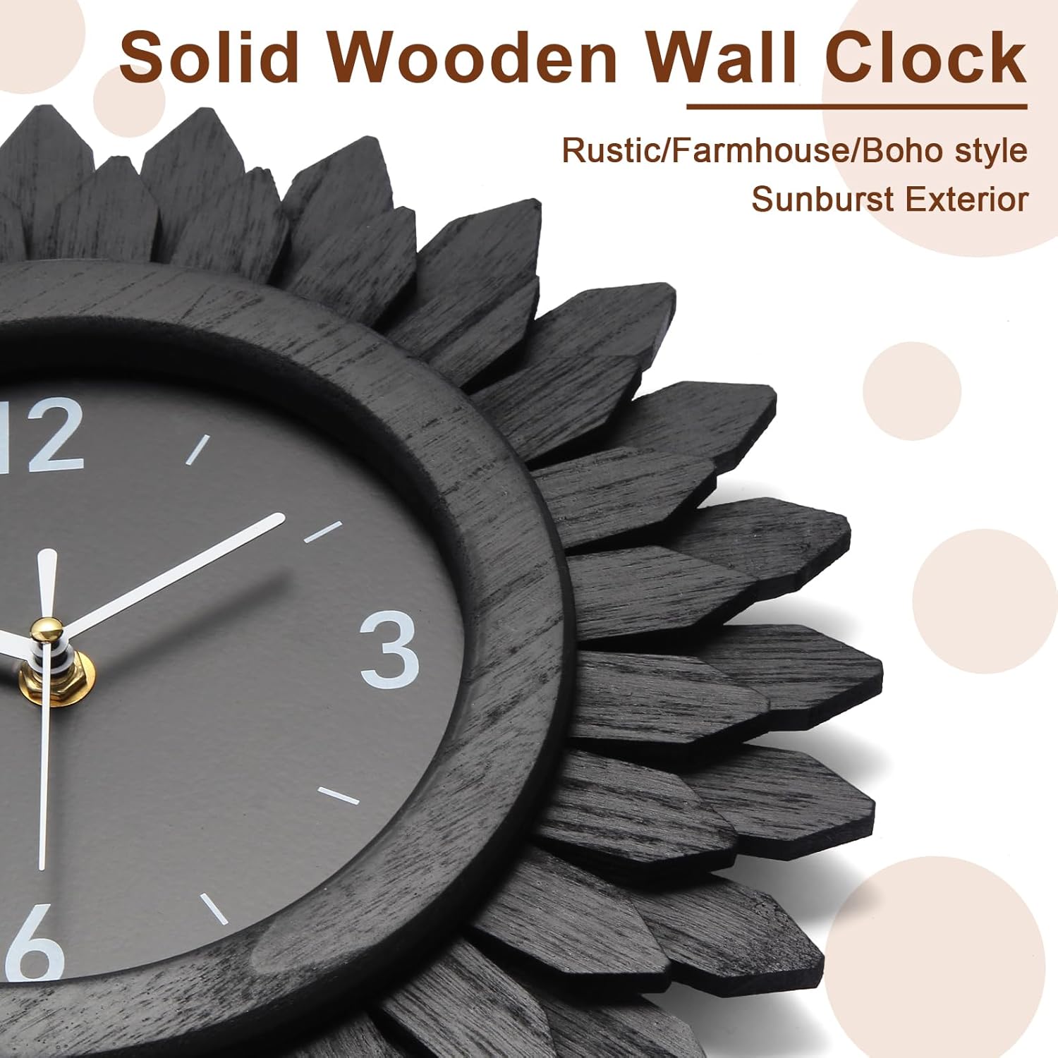 Honiway Wall Clock Battery Operated 12 Inch Rustic Wooden Boho Sunburst Decorative Wall Clock