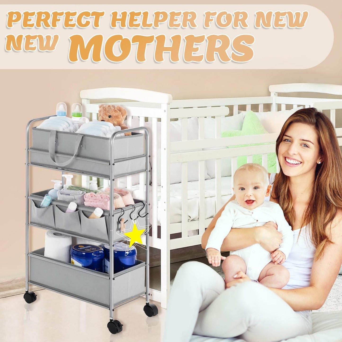 Honeydak 2in1 Baby Diaper Caddy Organizer Cart 3 Tier Large Capacity Metal Utility Bedside Rolling