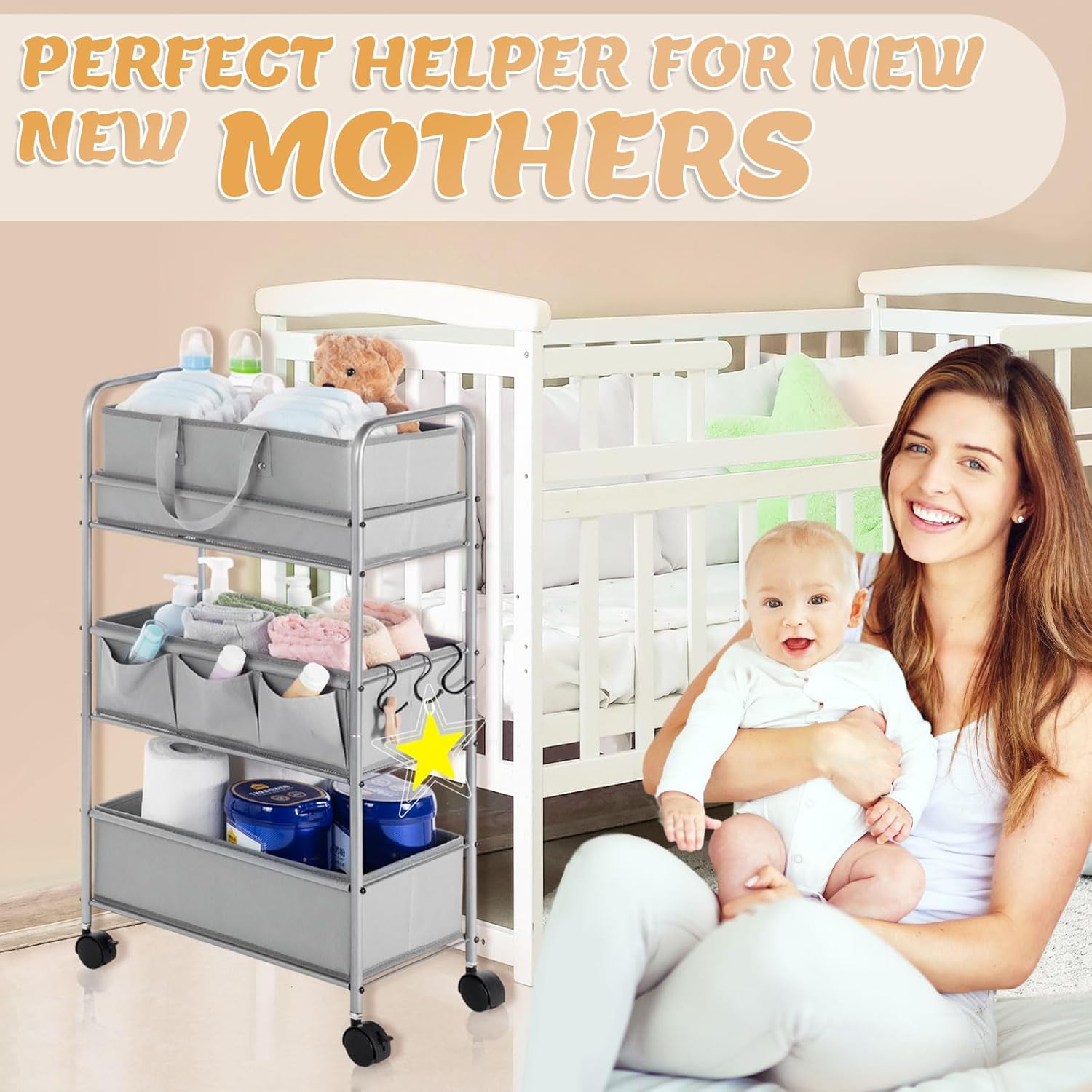 Honeydak 2in1 Baby Diaper Caddy Organizer Cart 3 Tier Large Capacity Metal Utility Bedside Rolling