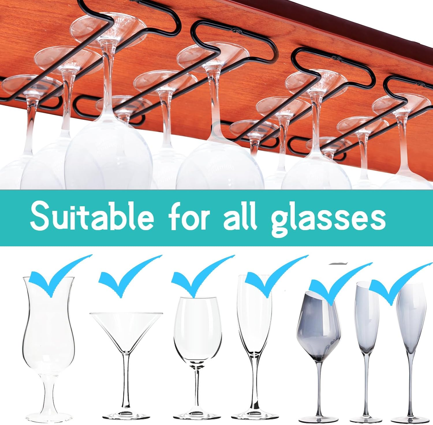 Wine Glass Rack Under Cabinet Shelf Glasses Holder Storage with Drying Stemware Rack Under Counter