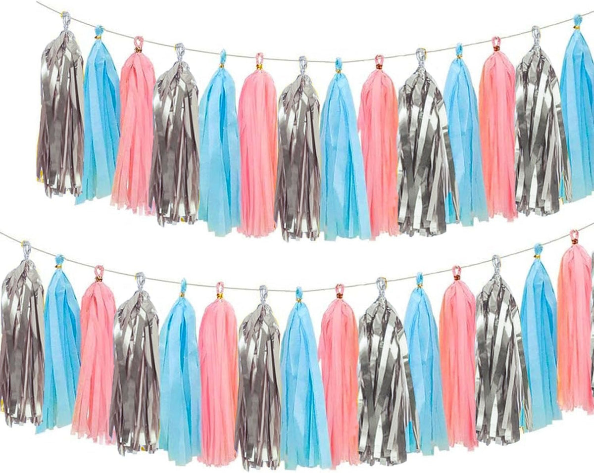 Pink Blue and Silver Tissue Paper Tassel Banner for Gender Reveal Birthday,Baby Shower Party