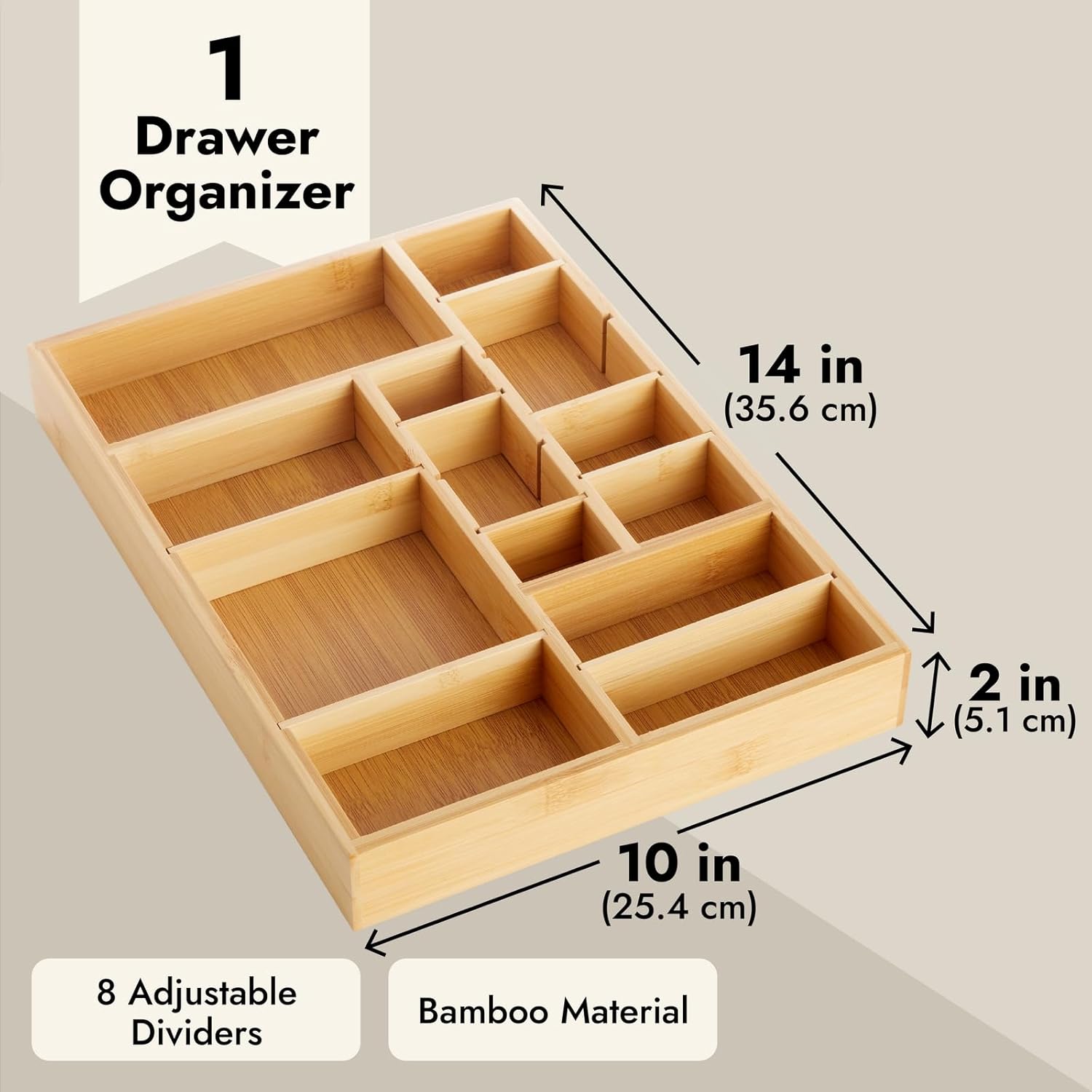 Juvale Drawer Organizer Tray - 14 x 10 x 2 In Brown Bamboo - 8 Adjustable Dividers for Custom