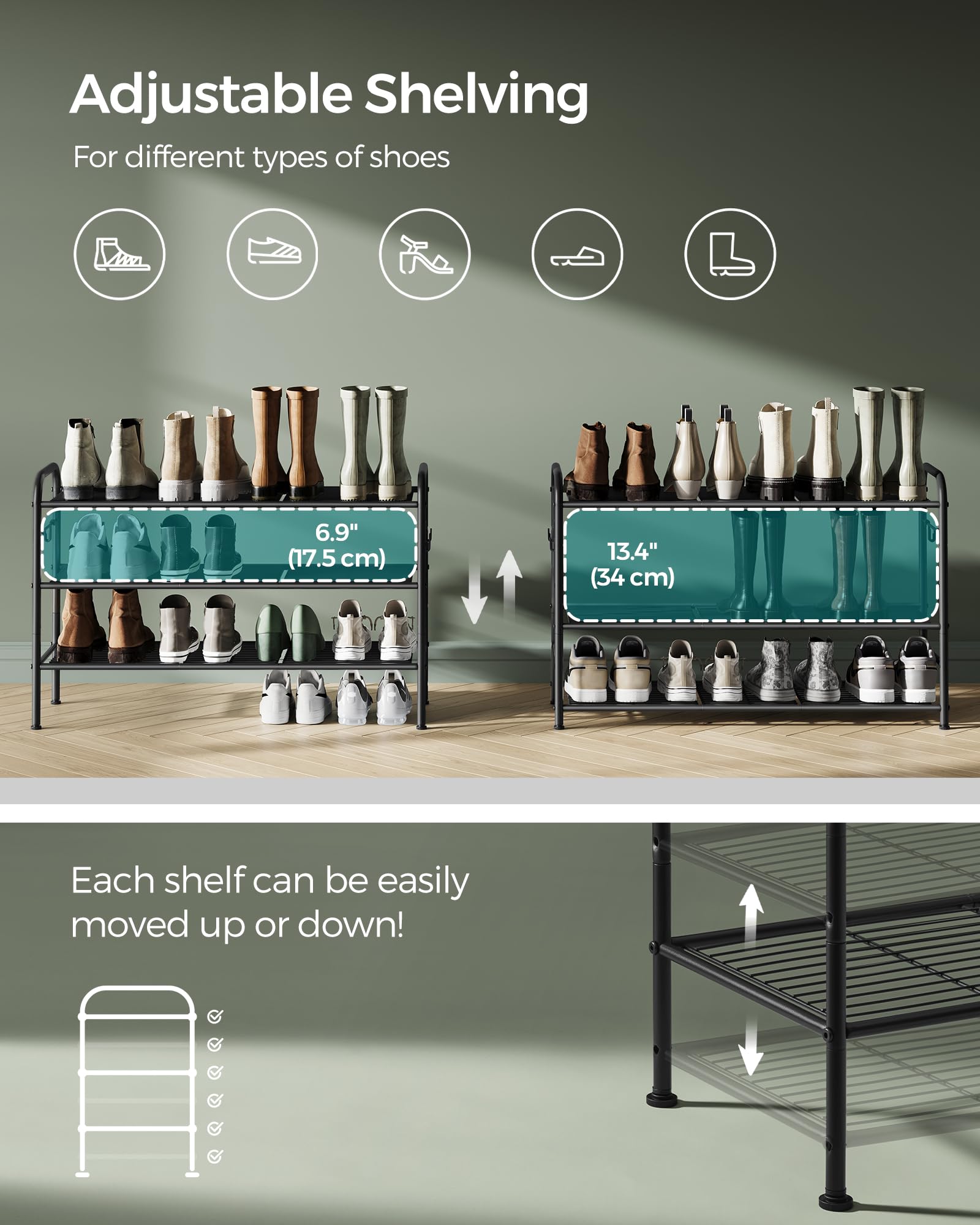 SONGMICS 3-Tier Metal Shoe Rack, Shoe Orgainzer, 33.5" Wide, Holds 16 Pairs