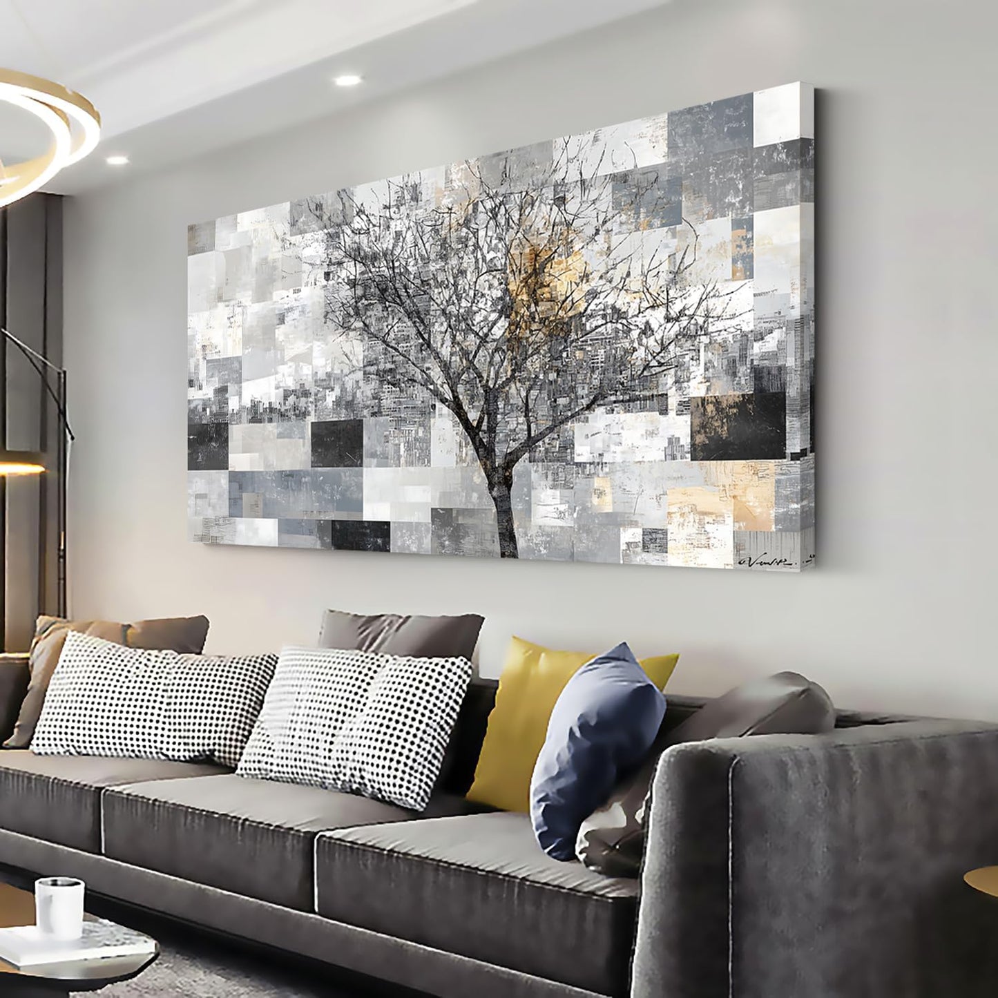 LASMOND Modern Abstract Tree Wall Art for Living Room Black and White Canvas Painting Wall Art