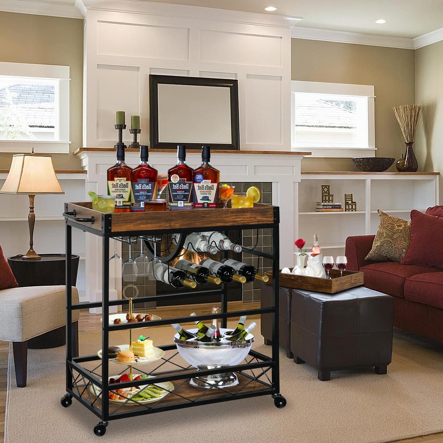Bar Cart for The Home, 3 Tire Industrial Rolling Serving Cart on Lockable Wheels, Alcoholic