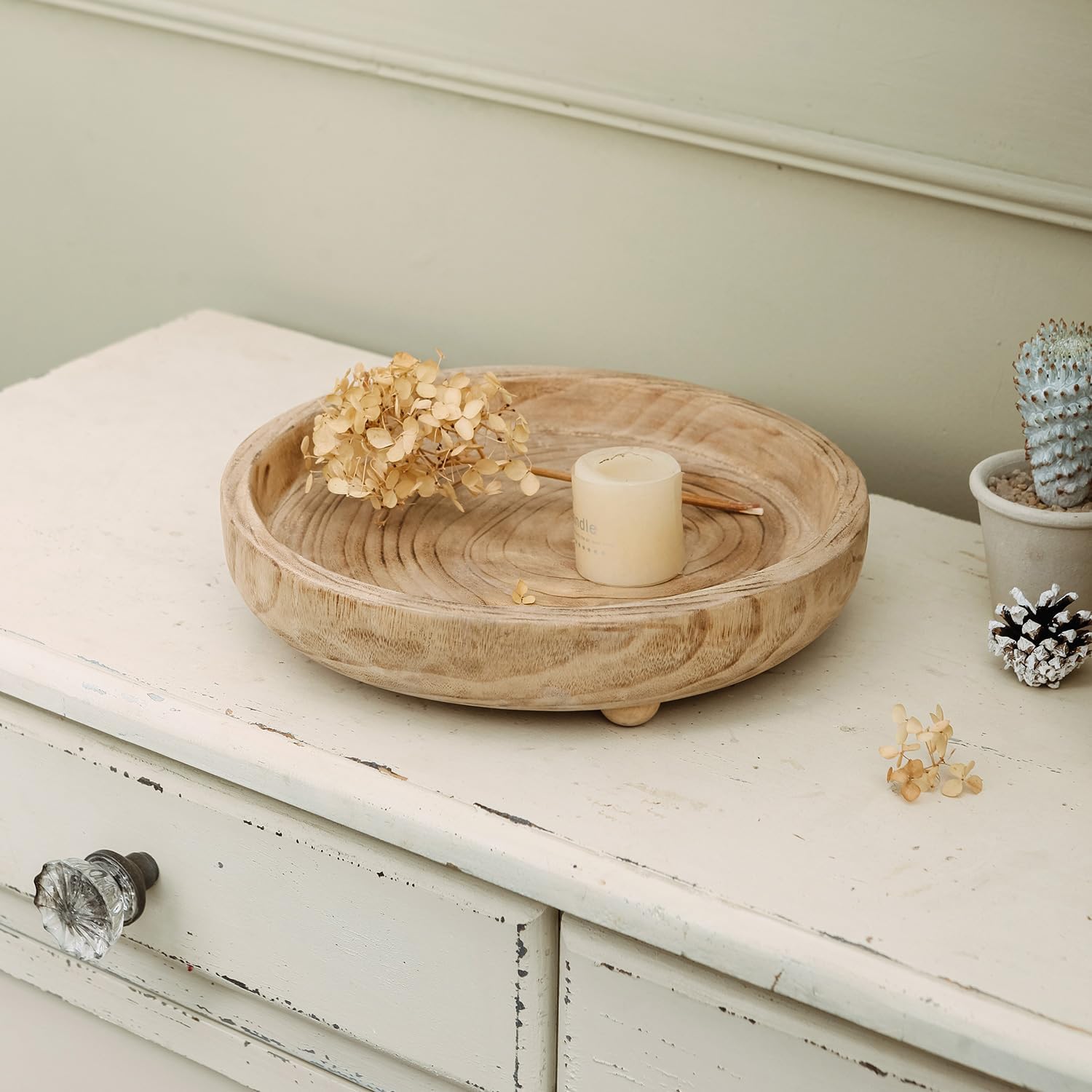 NIKKY HOME 12" Hand Carved Dough Bowls, Paulownia Wood Round Serving Bowl Decorative Wooden Tray