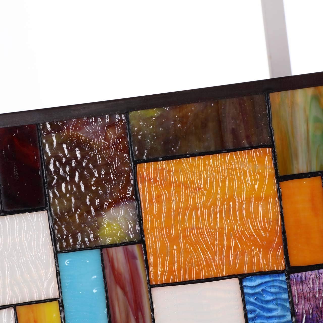 Bieye Geometric Color Block Tiffany Style Stained Glass Window Panel with Hanging Chain (13x24