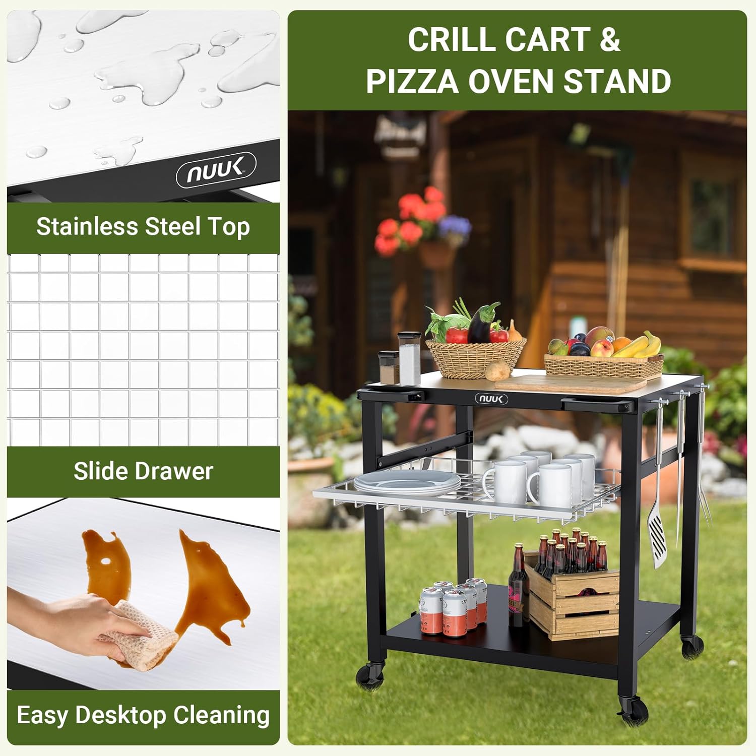 NUUK Outdoor Grill Cart 30"x 24" Pizza Oven Table 3-Shelf with Drawer BBQ Grilling Carts Outside
