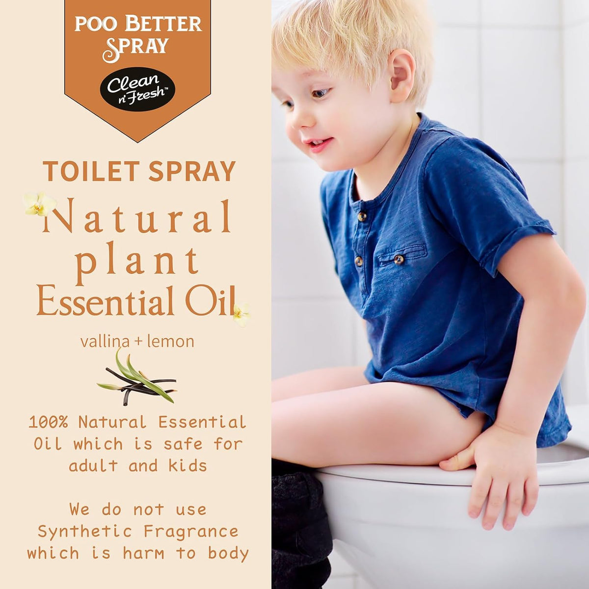 Clean-n-Fresh Toilet Spray 6.8 Fl.Oz, Vanilla Scent, Natural Plant Essential Oil Air Freshener &