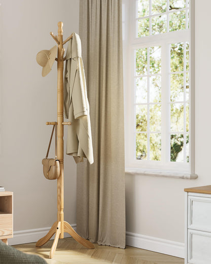 VASAGLE Solid Wood Coat Rack and Stand, Free Standing Hall Coat Tree with 10 Hooks for Hats, Bags