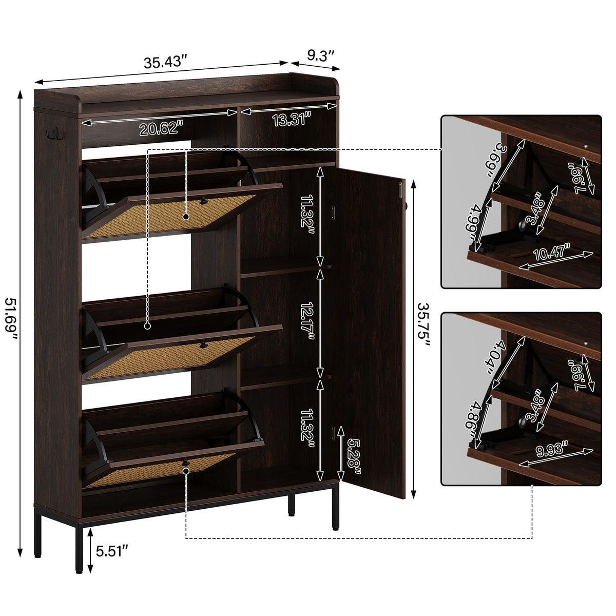 Rattan Shoe Cabinet, Shoe Cabinets with 3 Flip Drawers, Adjustable Shelves