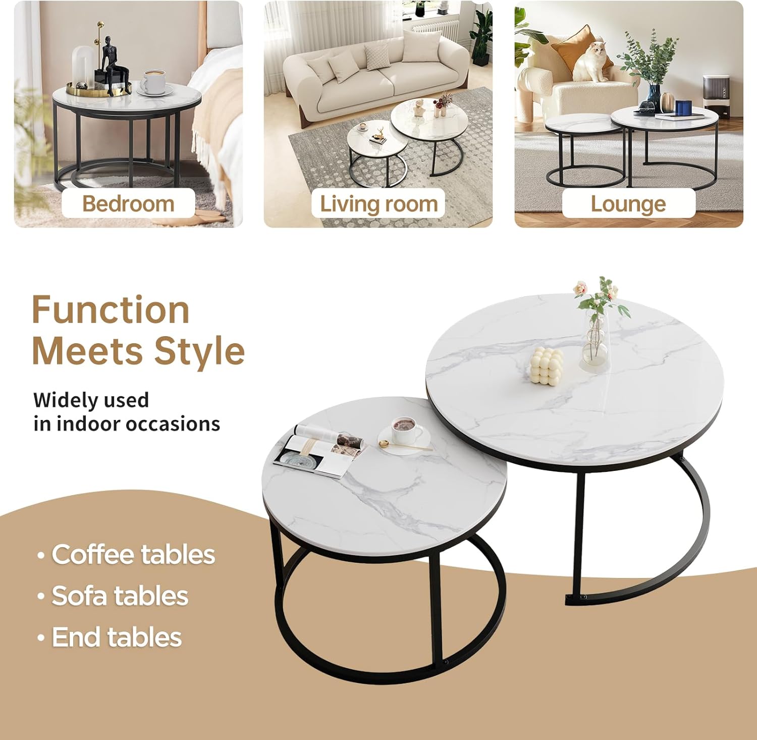 Round Nesting Coffee Table, White Modern Decorative Coffee Center Table Set of 2,Round Sintered
