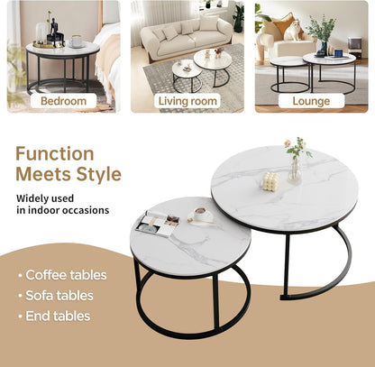 Round Nesting Coffee Table, White Modern Decorative Coffee Center Table Set of 2,Round Sintered