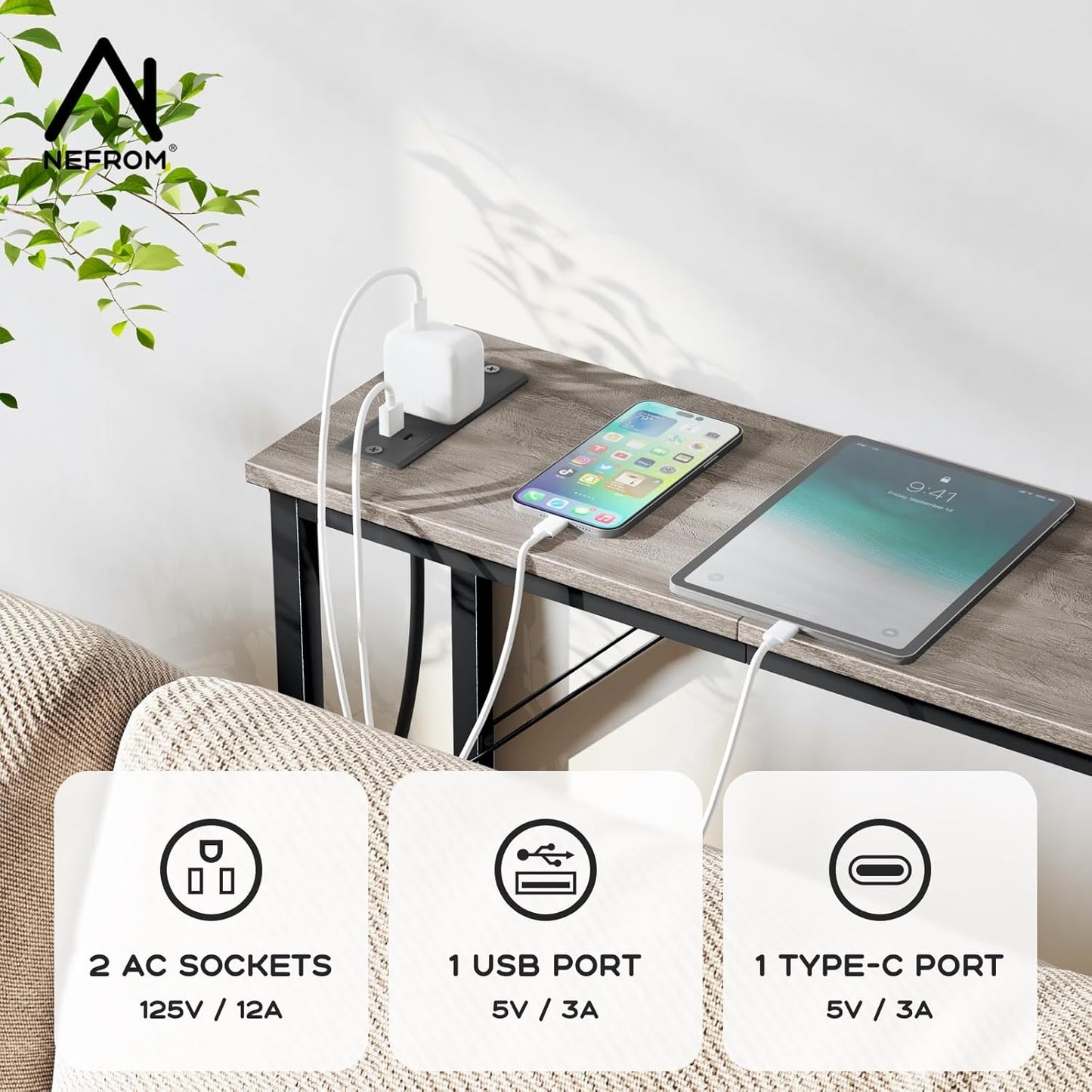 Console Table, Skinny Entryway Table with Fast-Charging Station, Narrow Long Sofa Table, Behind