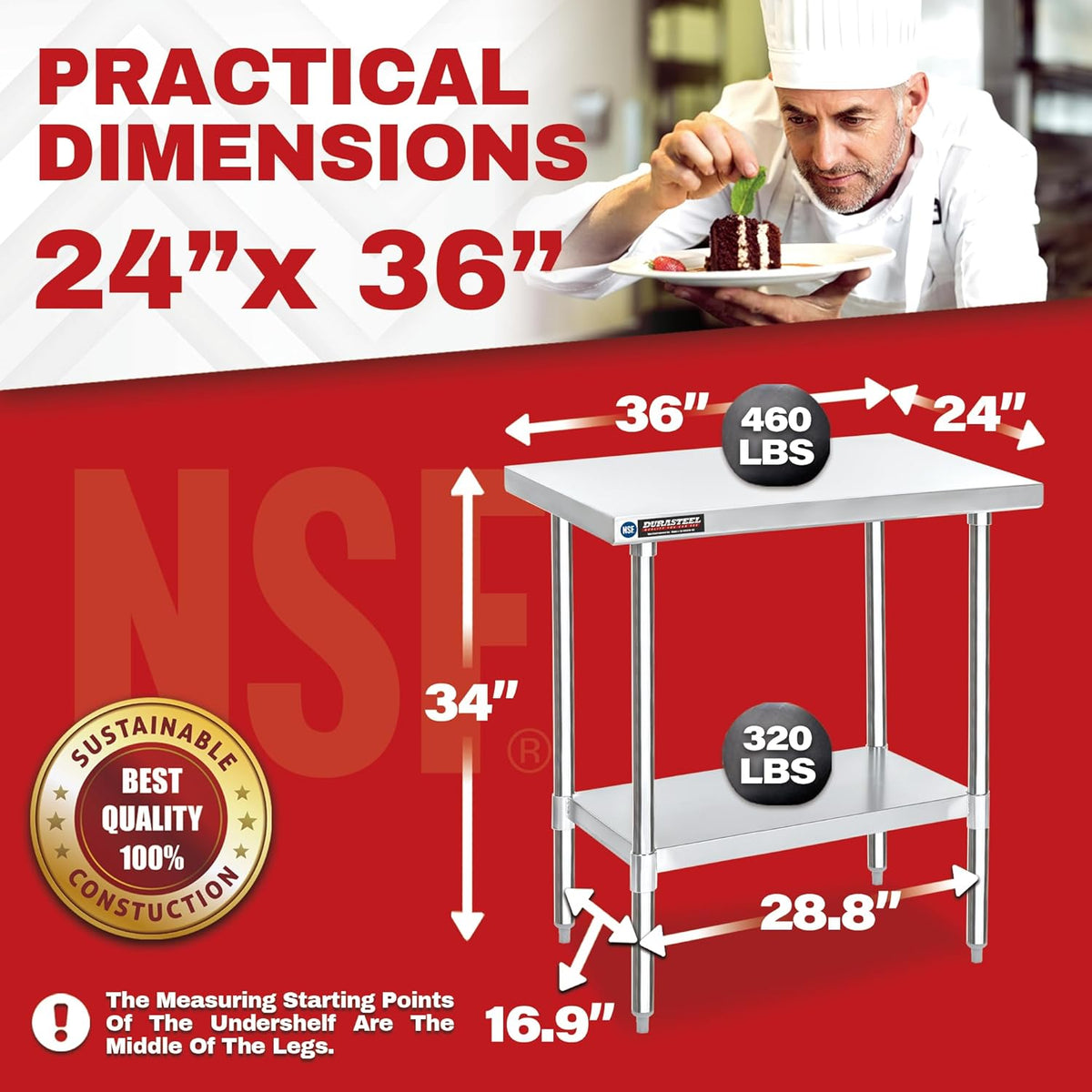 DuraSteel 24x36 Stainless Steel Work Table - NSF Commercial Prep Metal Table - Outdoor Pizza Oven