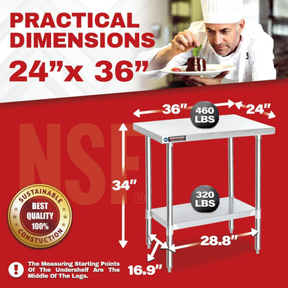 DuraSteel 24x36 Stainless Steel Work Table - NSF Commercial Prep Metal Table - Outdoor Pizza Oven