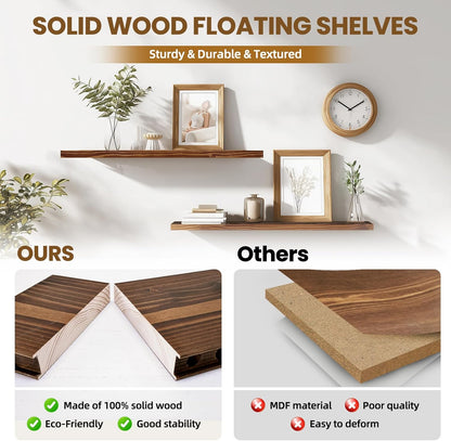 Floating Wall Shelves 2-Pack - 36-Inch Rustic Brown Wooden Shelves for Storage and Décor, Easy