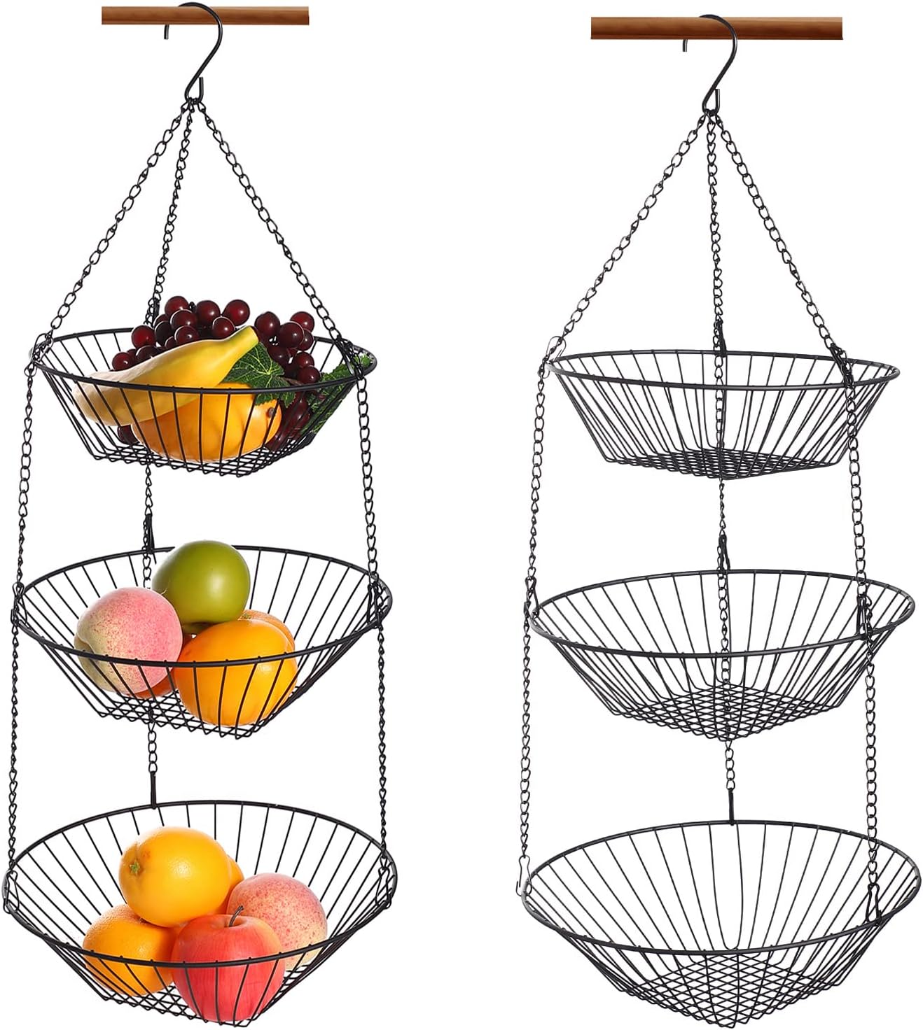 3-Tier Wire Fruit Hanging Basket 2 Packs,non-Punching Wall Hanging Storage,Kitchen Bathroom