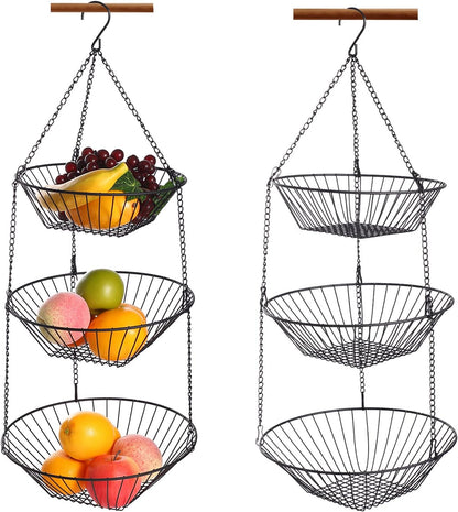 3-Tier Wire Fruit Hanging Basket 2 Packs,non-Punching Wall Hanging Storage,Kitchen Bathroom