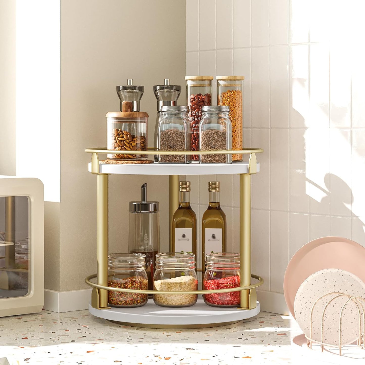 Lazy Susan Organizer, Rotating Spice Rack, 2 Tier Spice Turntable Organizer, Industrial Turntable