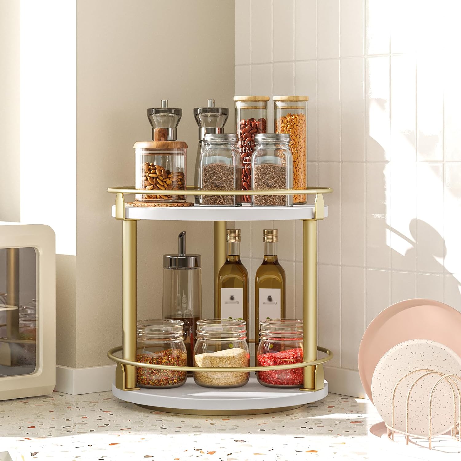 Lazy Susan Organizer, Rotating Spice Rack, 2 Tier Spice Turntable Organizer, Industrial Turntable