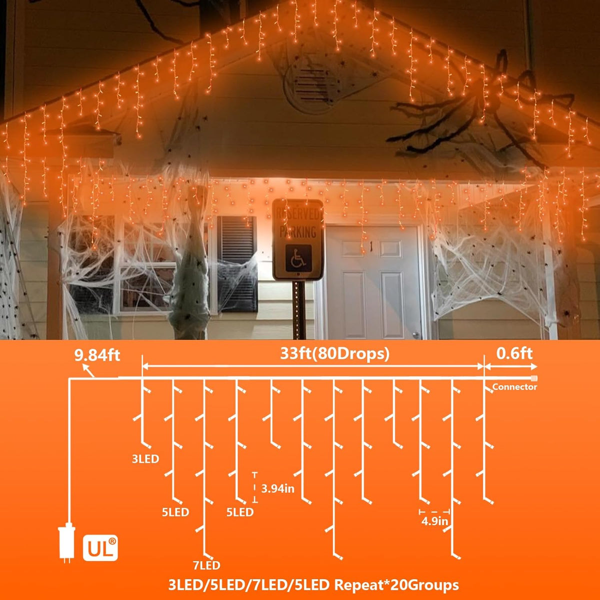 YEGUO 33ft 400 LED Orange Halloween Lights, Connetable Icicle Light Outdoor Waterproof, 8 Modes