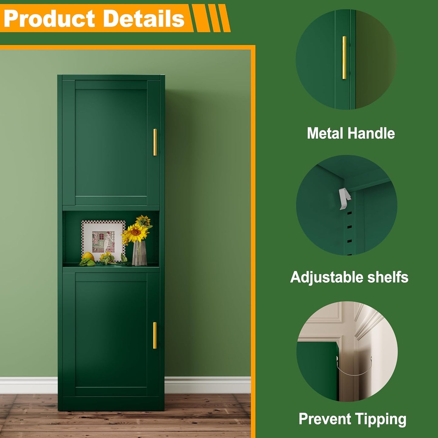 Tall Narrow Storage Cabinet 66.93" H Tall Bathroom Cabinet Metal Pantry Cabinets, 4 Adjustable