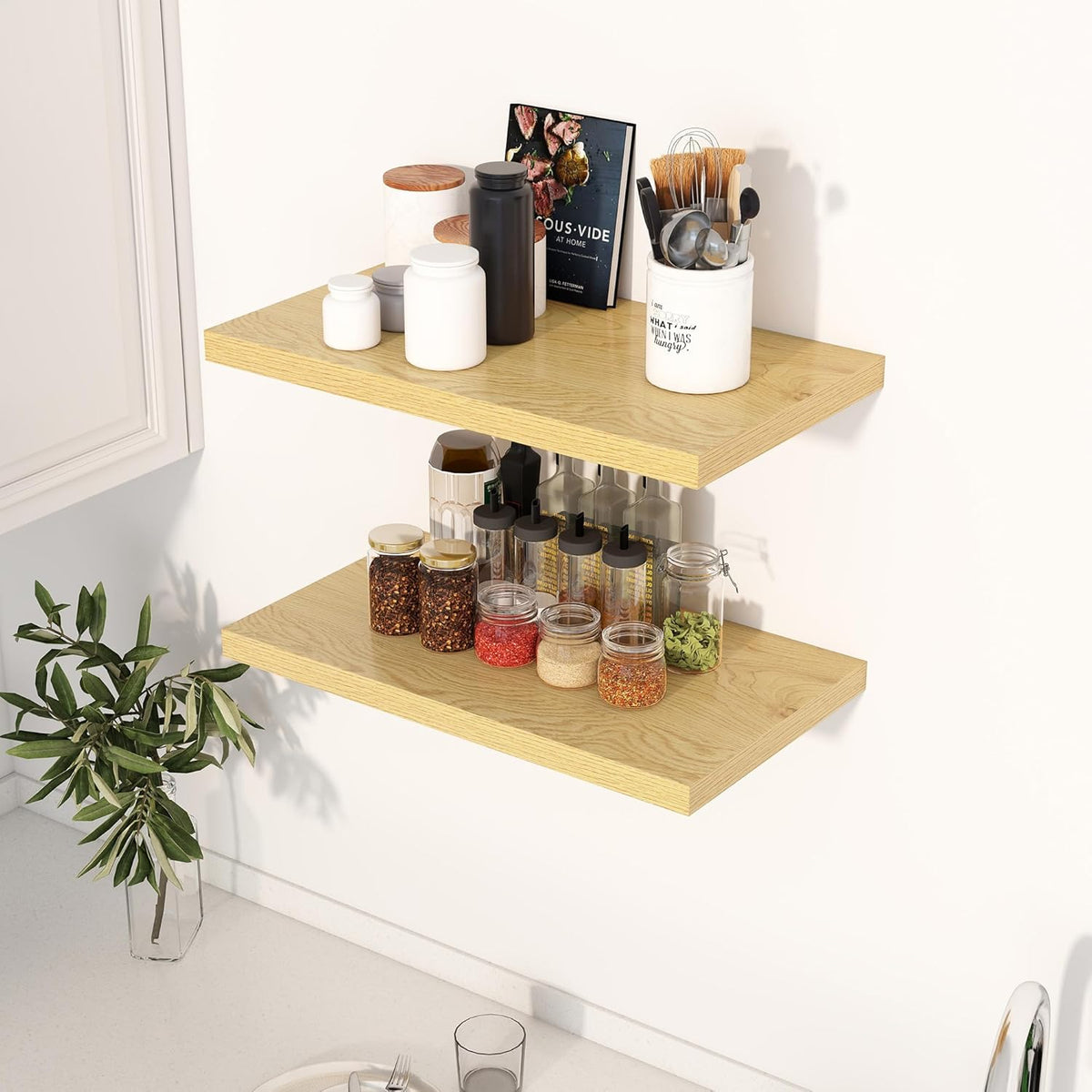 24" Floating Shelves for Wall, 12" Deep Slim Oak Floating Shelves, Wall-Mounted Shelves for