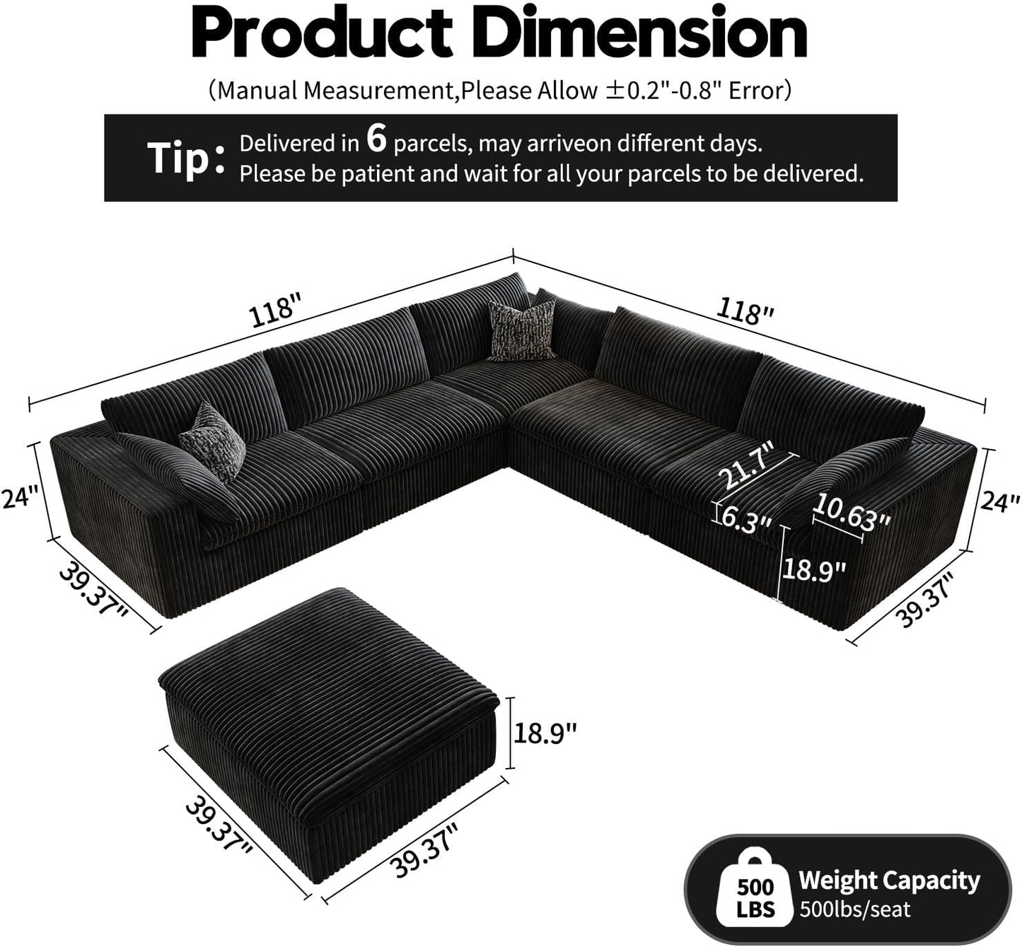 118" Cloud Couch Oversized Modular Sectional Sofa for Living Room,Modern Sofa with Deep Seat，6