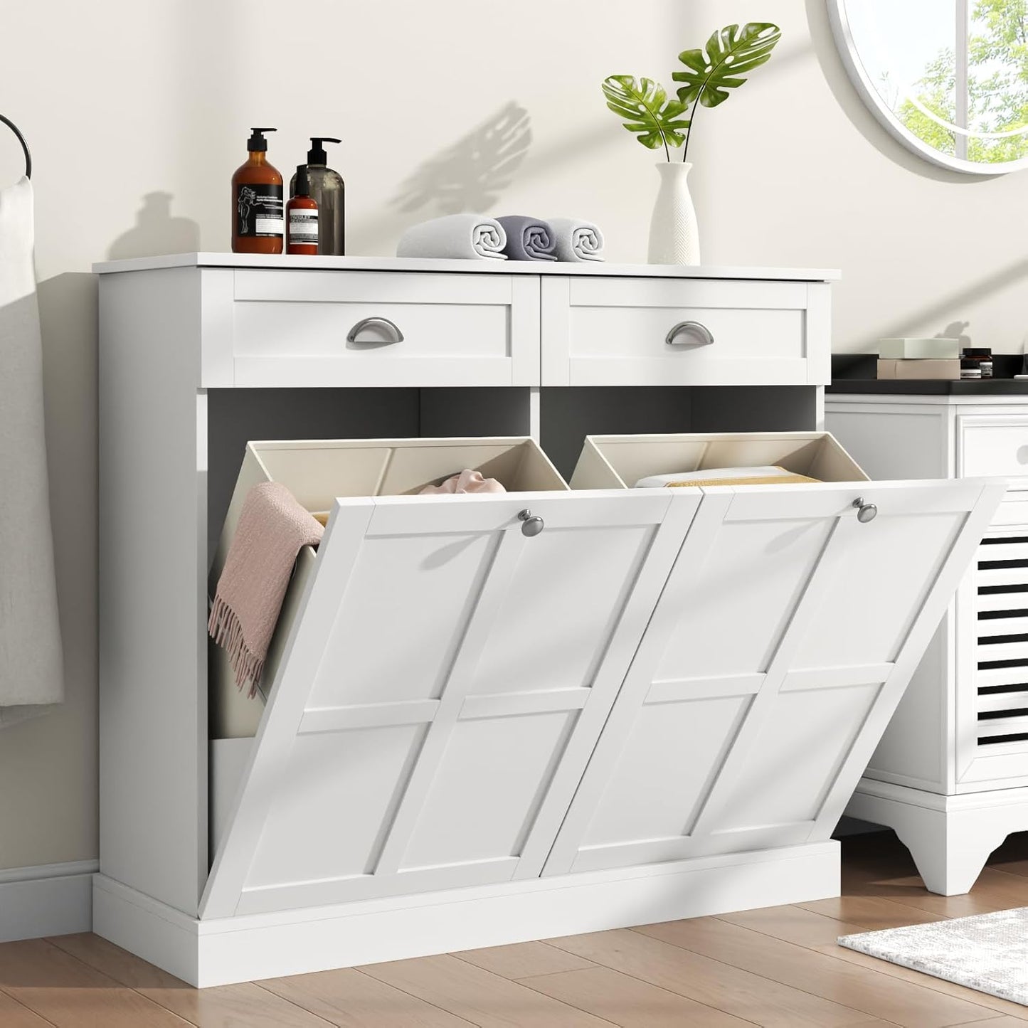 Loomie Double Tilt Out Laundry Hamper Cabinet, Hidden Laundry Cabinet with 2 Drawers & 2 Baskets