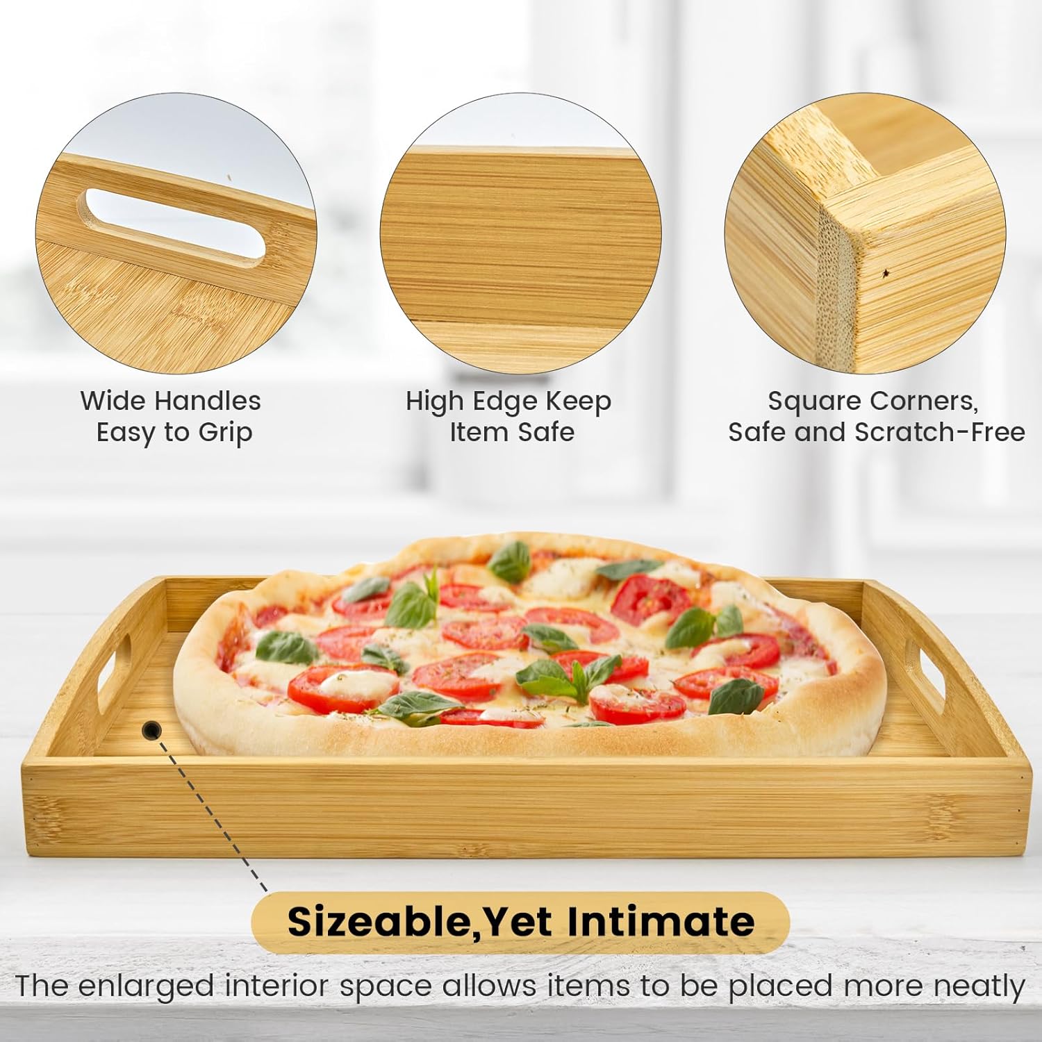 Bamboo Serving Tray with Handles Set of 3 - Decorative Wooden Trays for Eating, Working, and