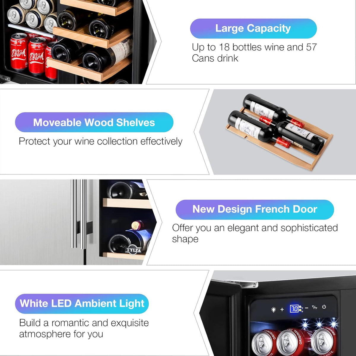 Tylza Wine and Beverage Refrigerator, 24 inch Dual Zone Wine Beverage Cooler Built-in and