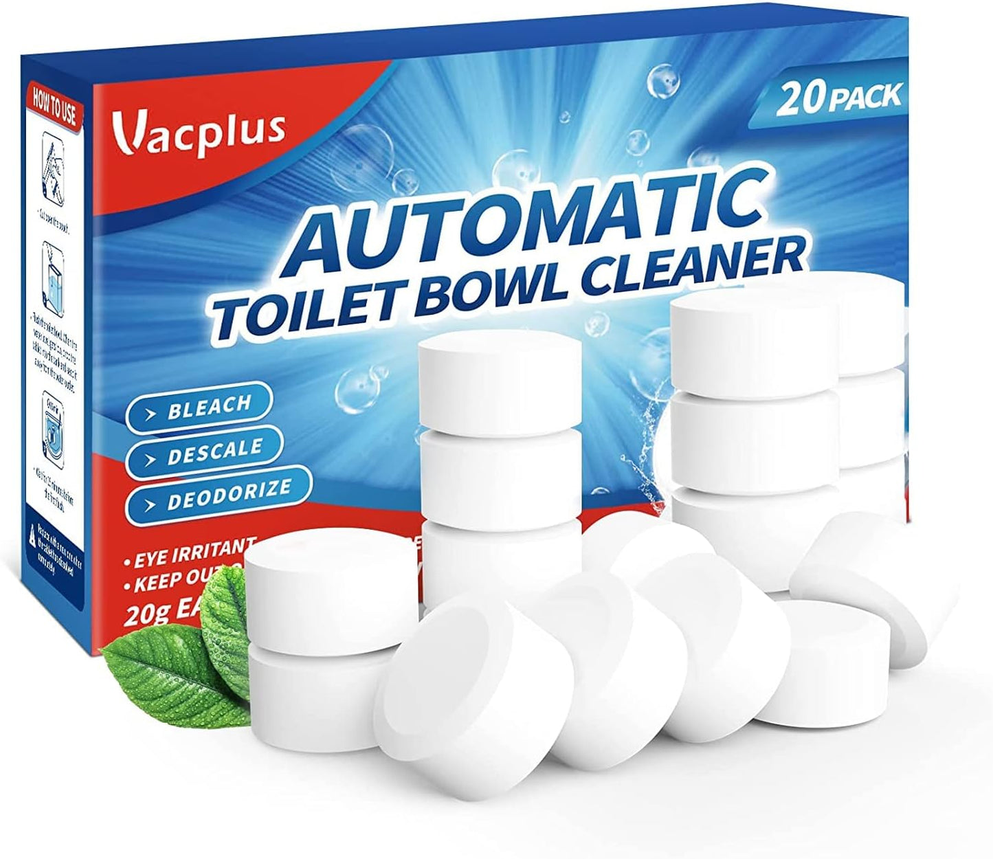 Vacplus Toilet Bowl Cleaner Tablets 20 PACK, Automatic Cleaners with Bleach, Slow-Releasing Toilet