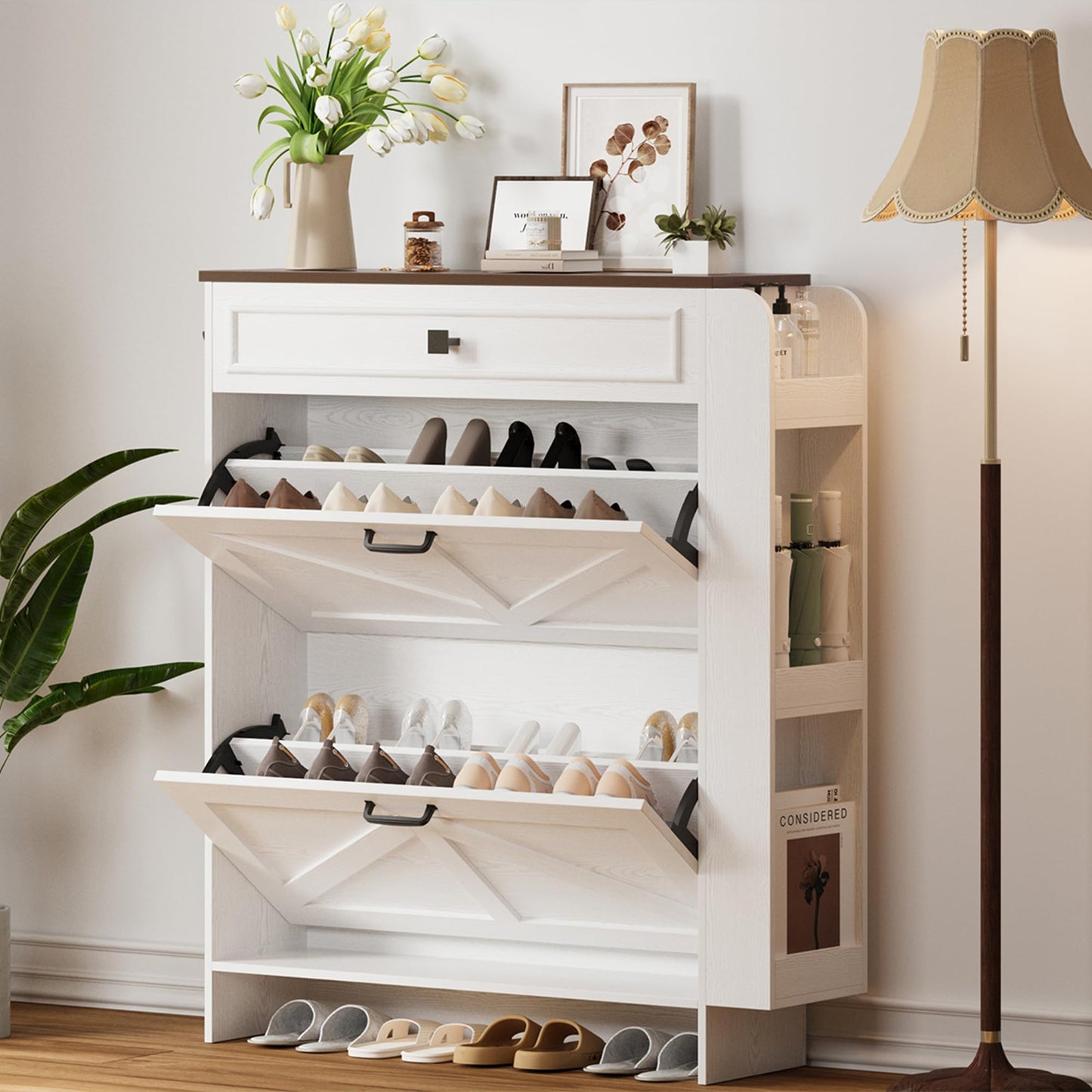 IRONCK Shoe Storage Cabinet with 2 Flip Drawers & Barn Door, White/Walnut